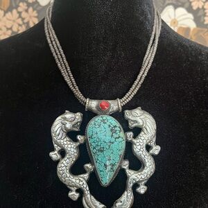 Vintage Tibetan Turquoise Stone Dragon Pendant Necklace - Teal Silver Accent